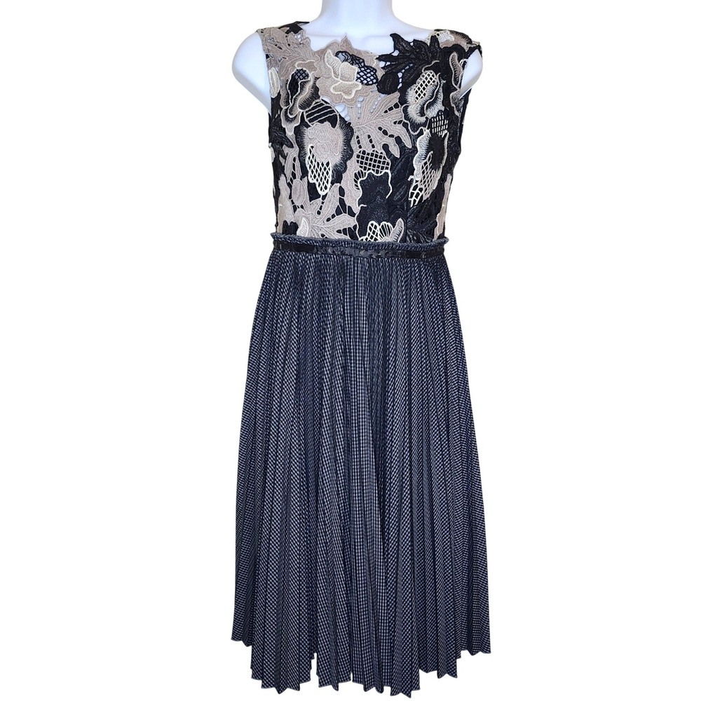 Tracy Reese Guipure Lace Gingham Pleated Dress Sz 2 Black Beige Mixed‎ FLAW READ